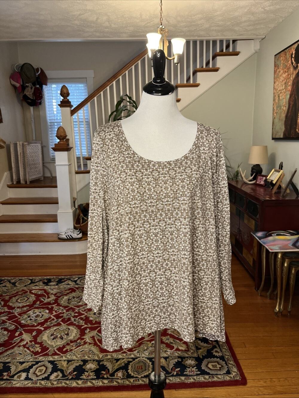 J Jill Pure Jill XL Petite Back Tie Tunic Top Brown Print Long Sleeve Knit Boho